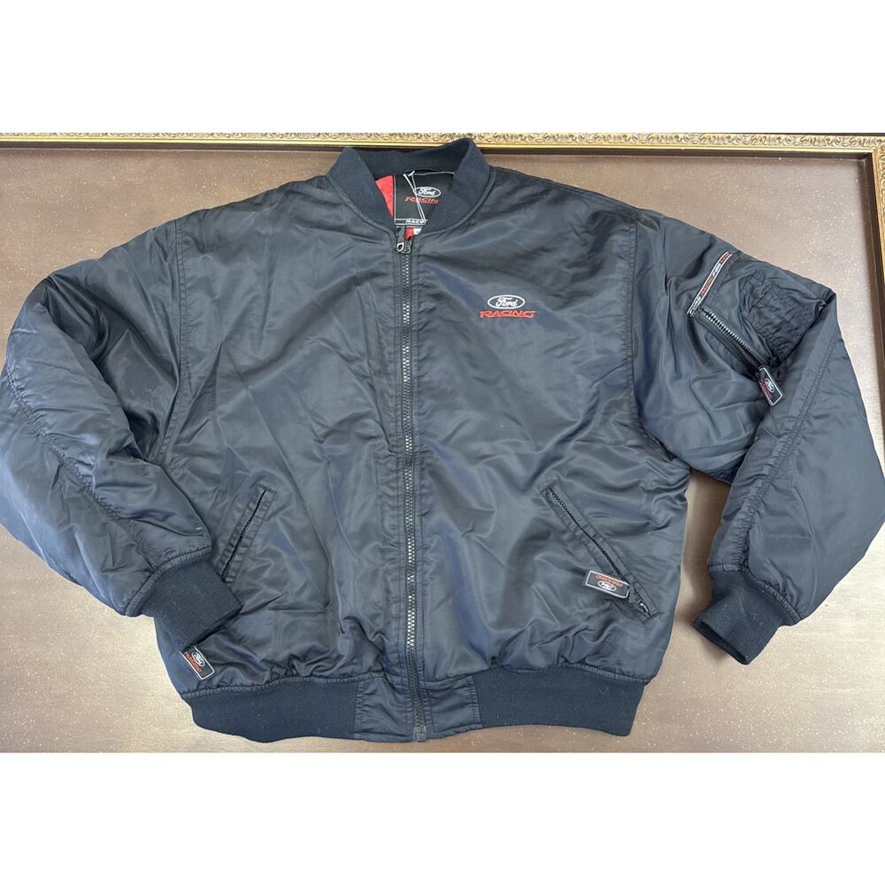 Vintage Y2K Ford Racing Black Bomber Heavy Warm Jacket Size XL